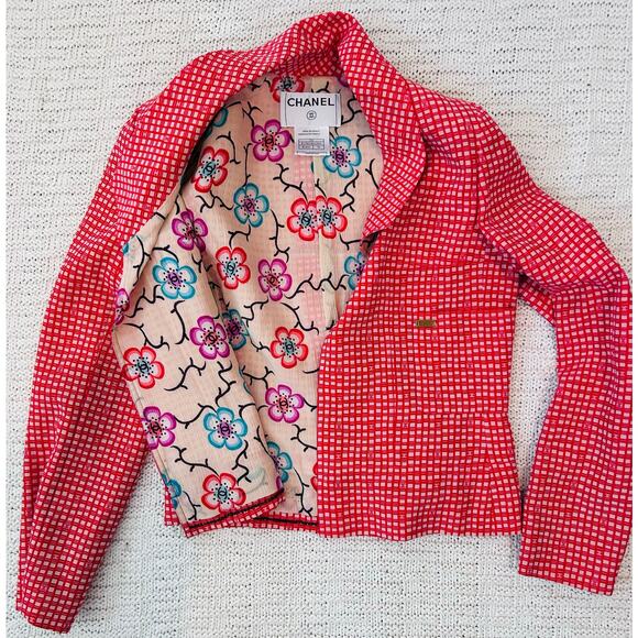 Chanel Red Coral Checkered Jacket Blazer Flower Lining FR 38 US 6 01S - Picture 4 of 13